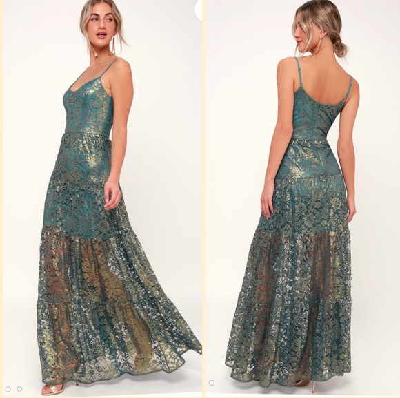 Dress the Population Dresses & Skirts - Antoinette Teal and Gold Metallic Lace Maxi Dress